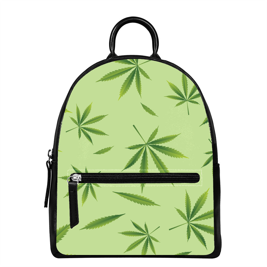 Green Hemp Leaves Pattern Print Leather Backpack
