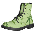 Green Hemp Leaves Pattern Print Lace-Up Boots