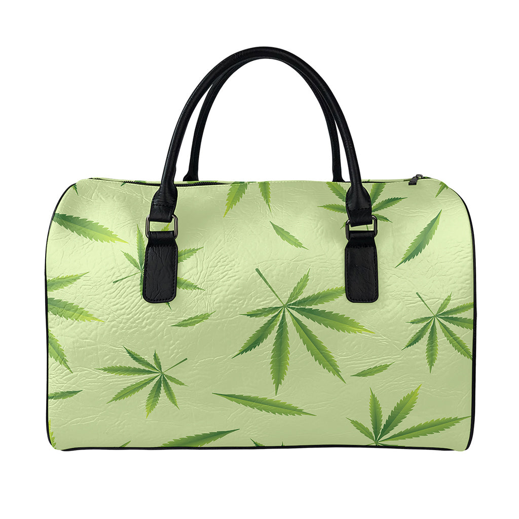 Green Hemp Leaves Pattern Print Leather Duffle Bag