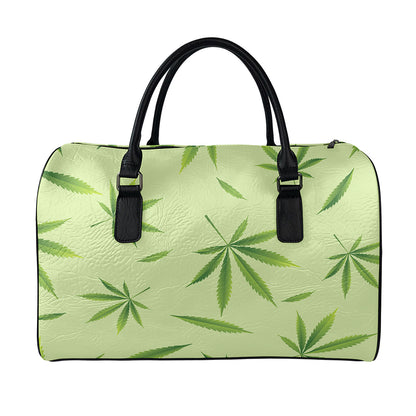 Green Hemp Leaves Pattern Print Leather Duffle Bag