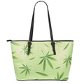 Green Hemp Leaves Pattern Print Leather Tote Bag With Zipper