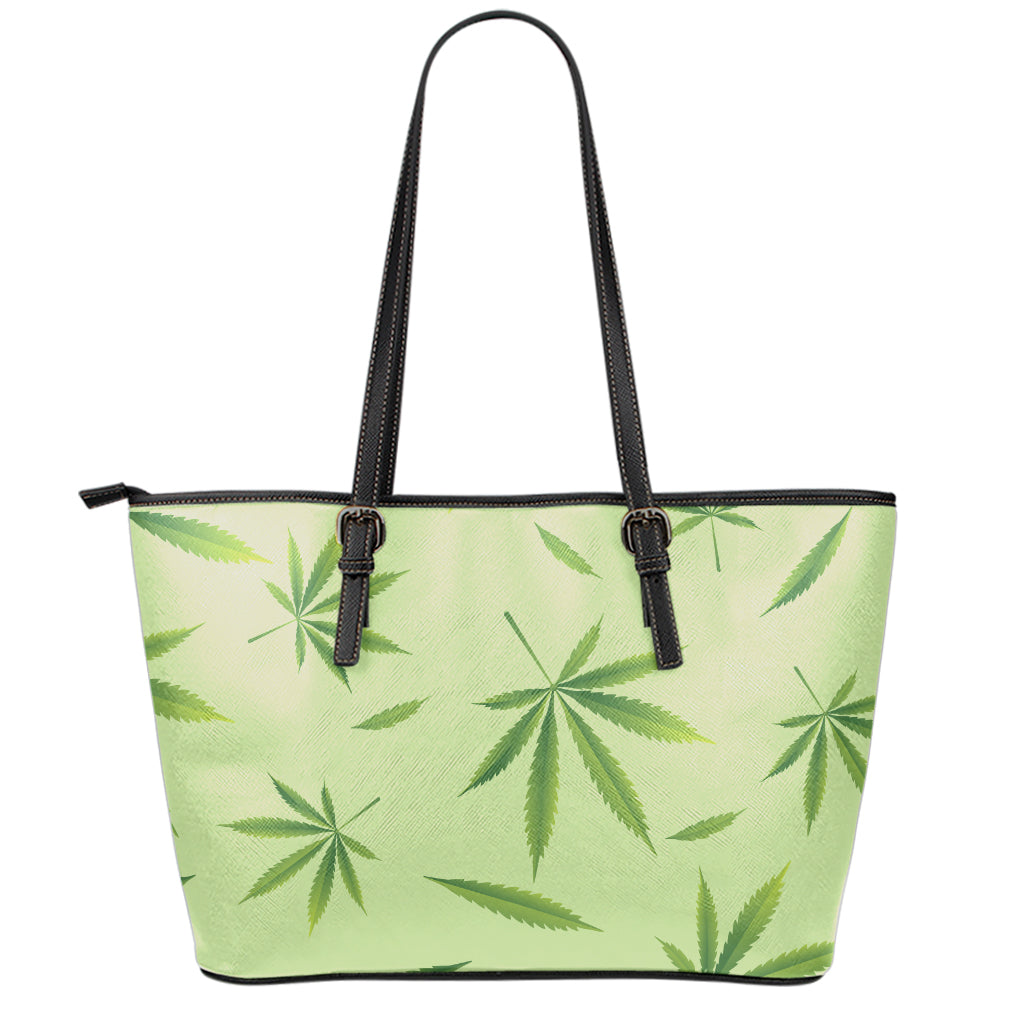 Green Hemp Leaves Pattern Print Leather Tote Bag