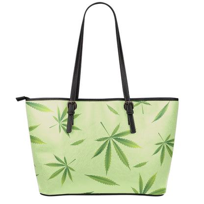 Green Hemp Leaves Pattern Print Leather Tote Bag