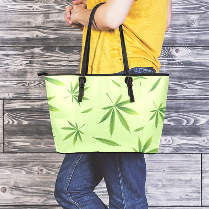 Green Hemp Leaves Pattern Print Leather Tote Bag