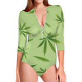 Green Hemp Leaves Pattern Print Long Sleeve Swimsuit