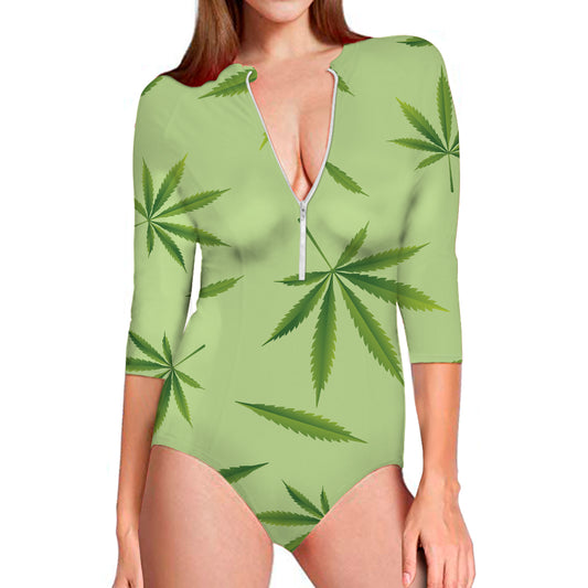 Green Hemp Leaves Pattern Print Long Sleeve Swimsuit