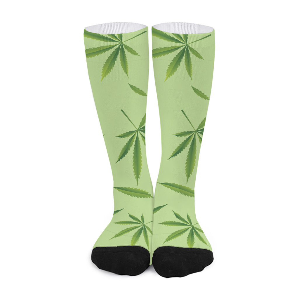 Green Hemp Leaves Pattern Print Long Socks