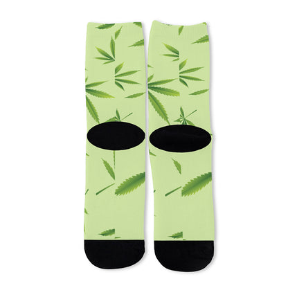 Green Hemp Leaves Pattern Print Long Socks