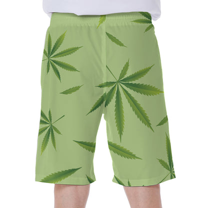Green Hemp Leaves Pattern Print Men's Beach Shorts