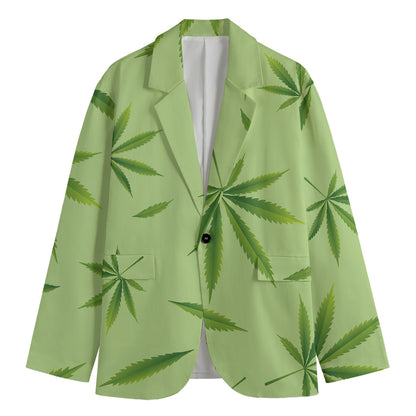 Green Hemp Leaves Pattern Print Men's Cotton Blazer