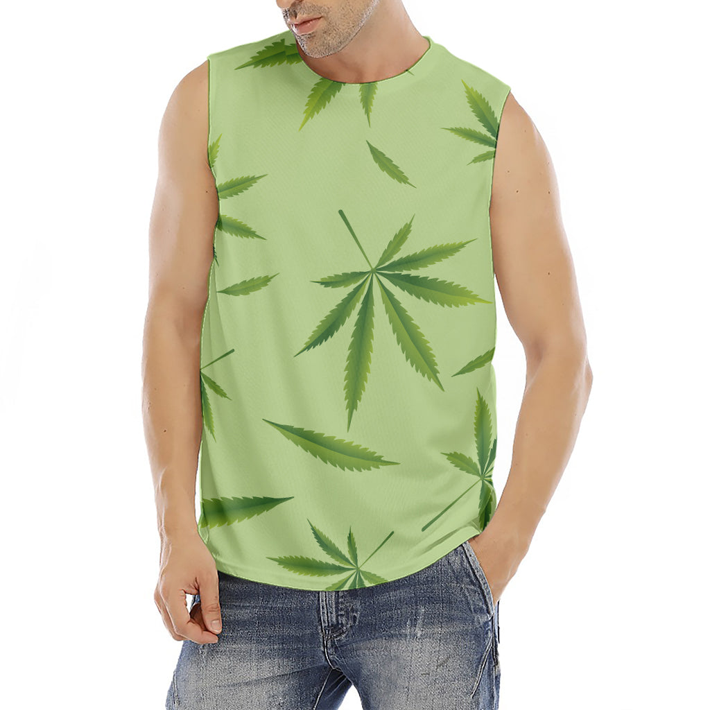 Green Hemp Leaves Pattern Print Men's Fitness Tank Top