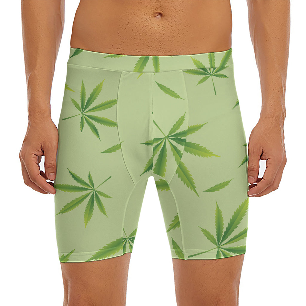 Green Hemp Leaves Pattern Print Men's Long Boxer Briefs