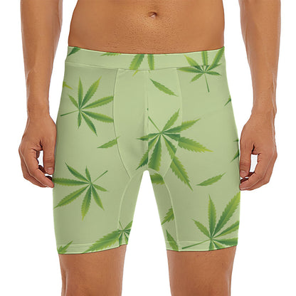 Green Hemp Leaves Pattern Print Men's Long Boxer Briefs
