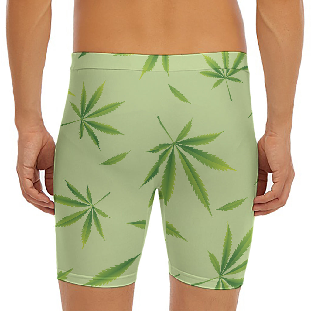 Green Hemp Leaves Pattern Print Men's Long Boxer Briefs