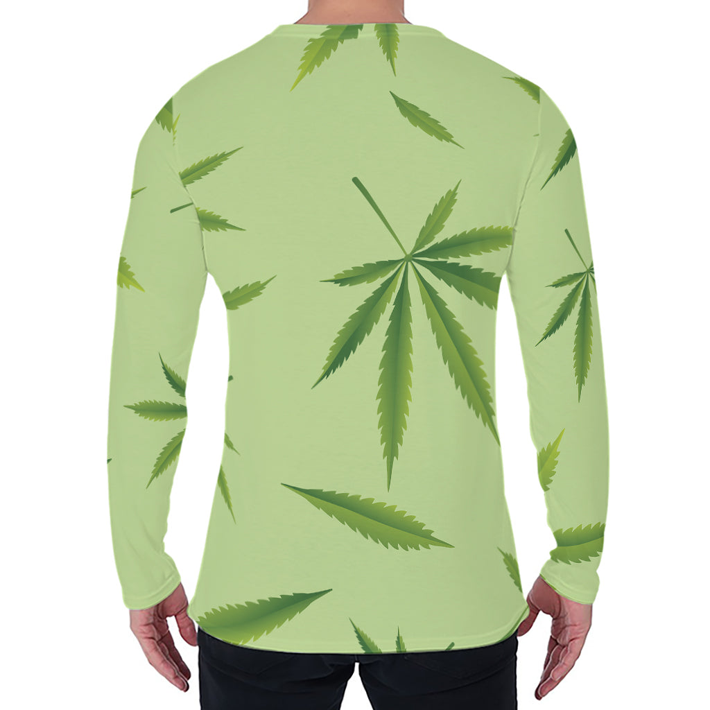 Green Hemp Leaves Pattern Print Men's Long Sleeve T-Shirt