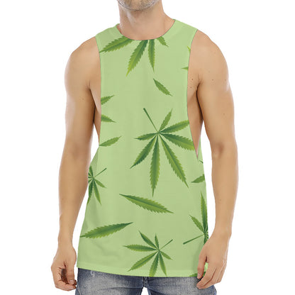 Green Hemp Leaves Pattern Print Men's Muscle Tank Top