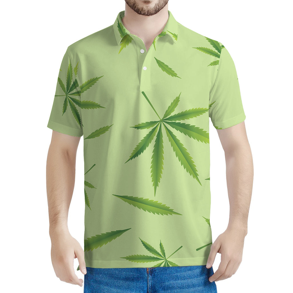 Green Hemp Leaves Pattern Print Men's Polo Shirt