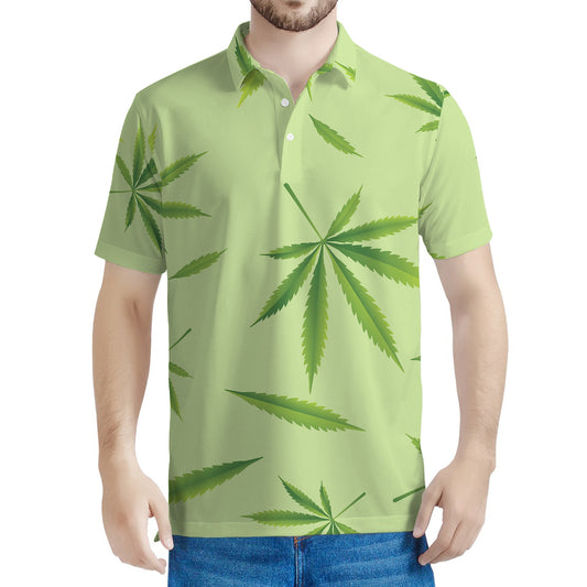 Green Hemp Leaves Pattern Print Men's Polo Shirt