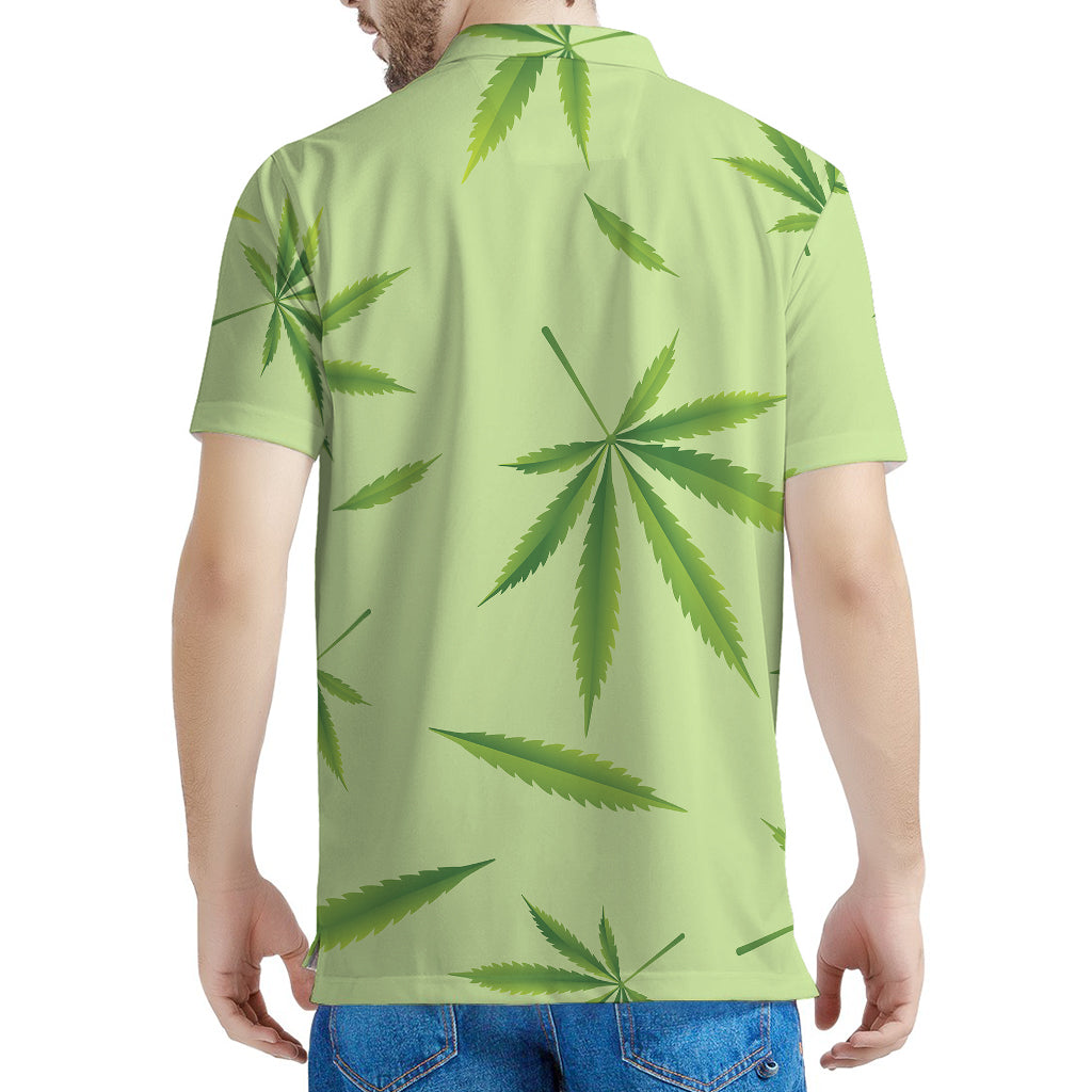 Green Hemp Leaves Pattern Print Men's Polo Shirt