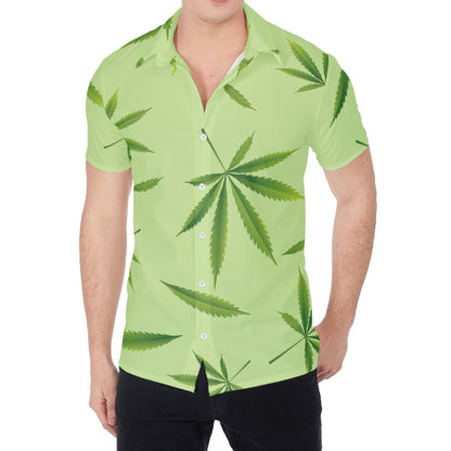 Green Hemp Leaves Pattern Print Men's Shirt