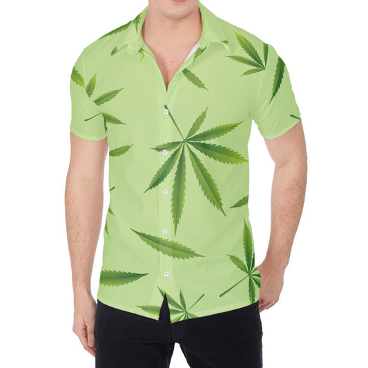 Green Hemp Leaves Pattern Print Men's Shirt