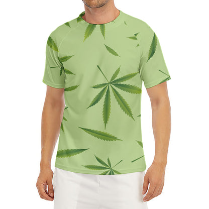 Green Hemp Leaves Pattern Print Men's Short Sleeve Rash Guard