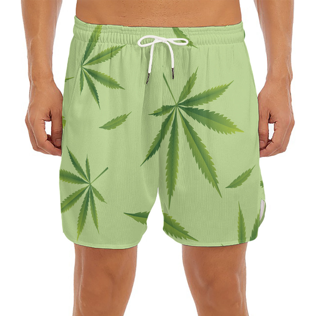 Green Hemp Leaves Pattern Print Men's Split Running Shorts