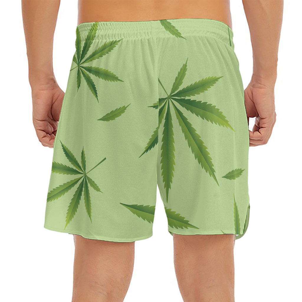 Green Hemp Leaves Pattern Print Men's Split Running Shorts