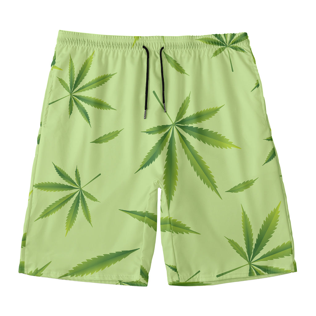 Green Hemp Leaves Pattern Print Men's Swim Trunks