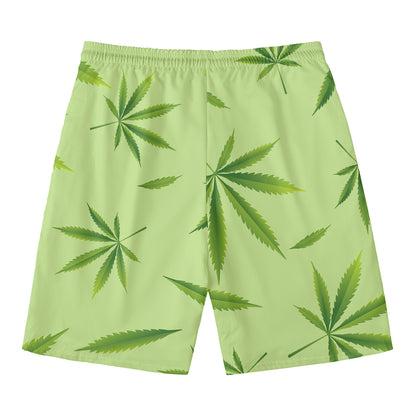 Green Hemp Leaves Pattern Print Men's Swim Trunks