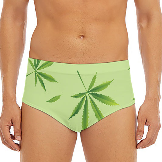 Green Hemp Leaves Pattern Print Men's Triangle Swim Briefs