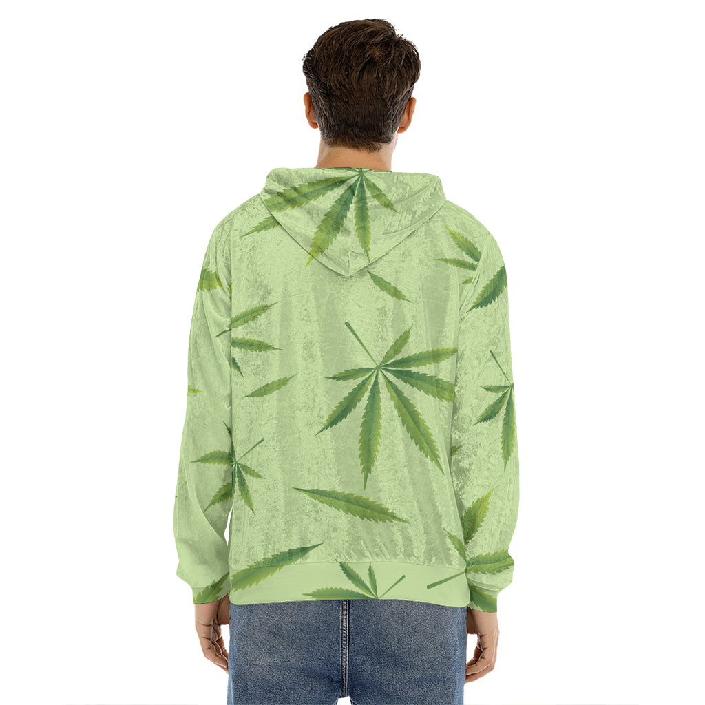 Green Hemp Leaves Pattern Print Men's Velvet Pullover Hoodie