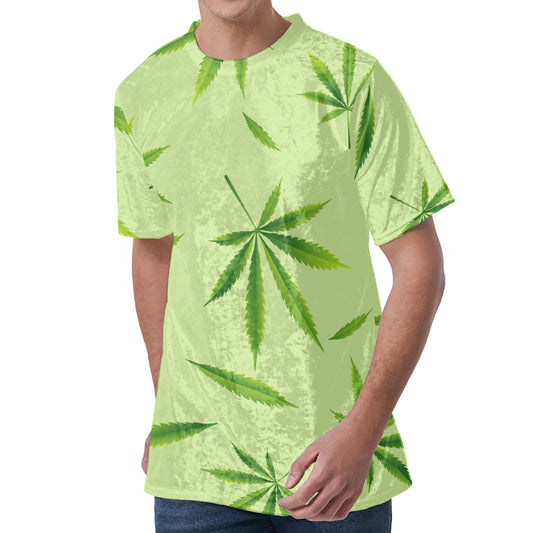 Green Hemp Leaves Pattern Print Men's Velvet T-Shirt