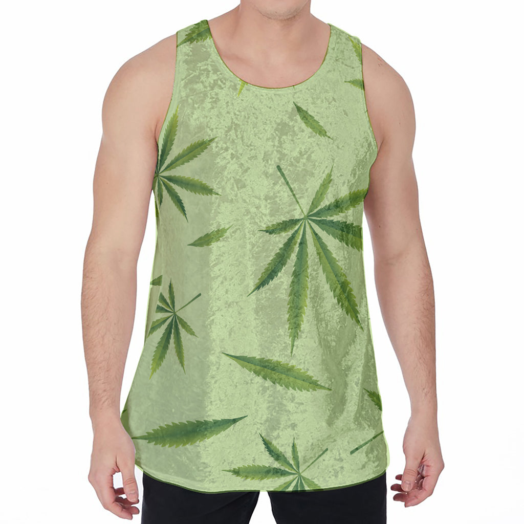 Green Hemp Leaves Pattern Print Men's Velvet Tank Top