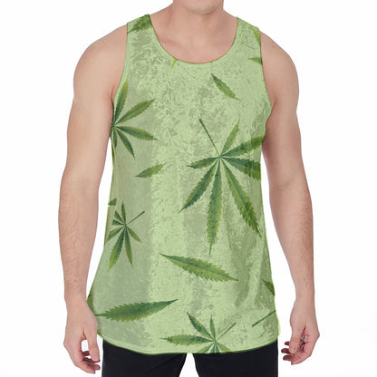 Green Hemp Leaves Pattern Print Men's Velvet Tank Top
