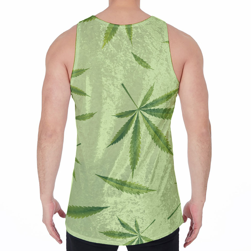 Green Hemp Leaves Pattern Print Men's Velvet Tank Top