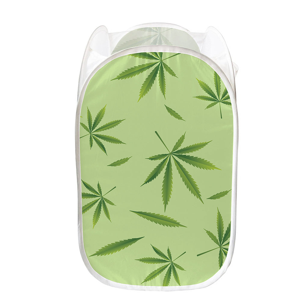 Green Hemp Leaves Pattern Print Mesh Laundry Hamper