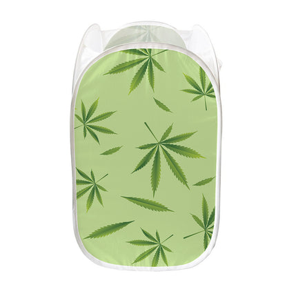 Green Hemp Leaves Pattern Print Mesh Laundry Hamper