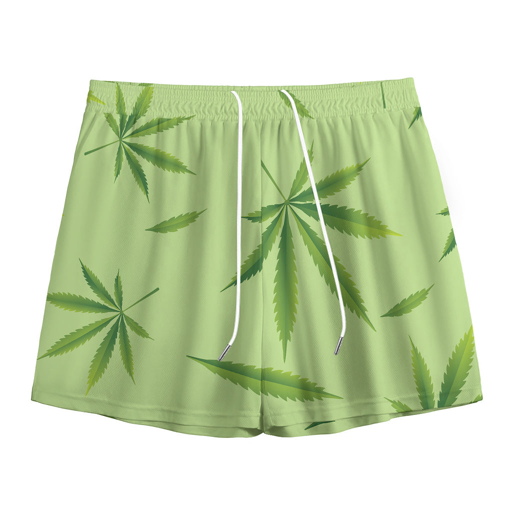 Green Hemp Leaves Pattern Print Mesh Shorts