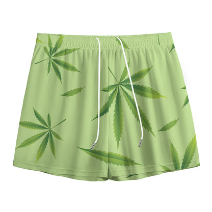 Green Hemp Leaves Pattern Print Mesh Shorts