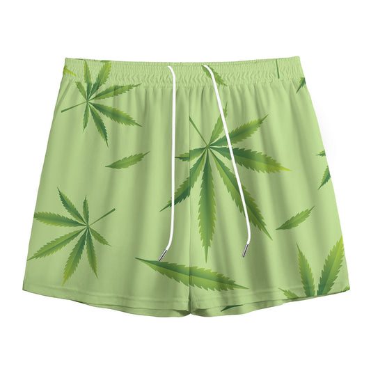 Green Hemp Leaves Pattern Print Mesh Shorts