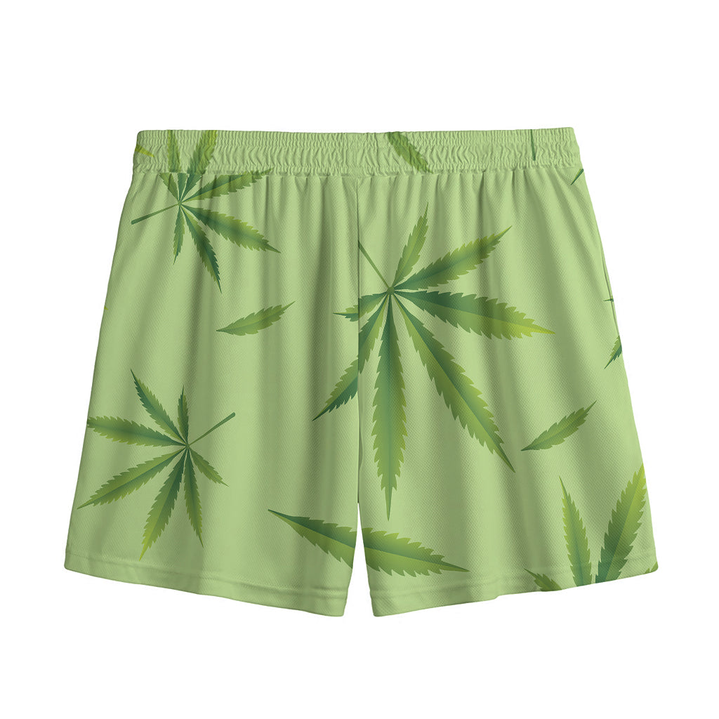 Green Hemp Leaves Pattern Print Mesh Shorts