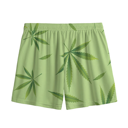Green Hemp Leaves Pattern Print Mesh Shorts