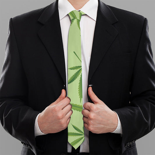 Green Hemp Leaves Pattern Print Necktie