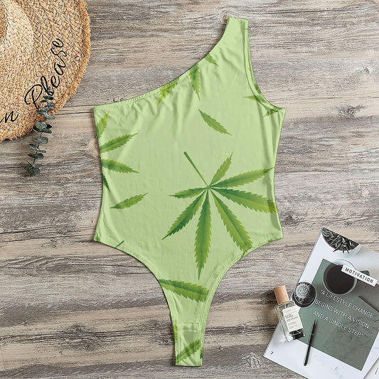 Green Hemp Leaves Pattern Print One Shoulder Bodysuit