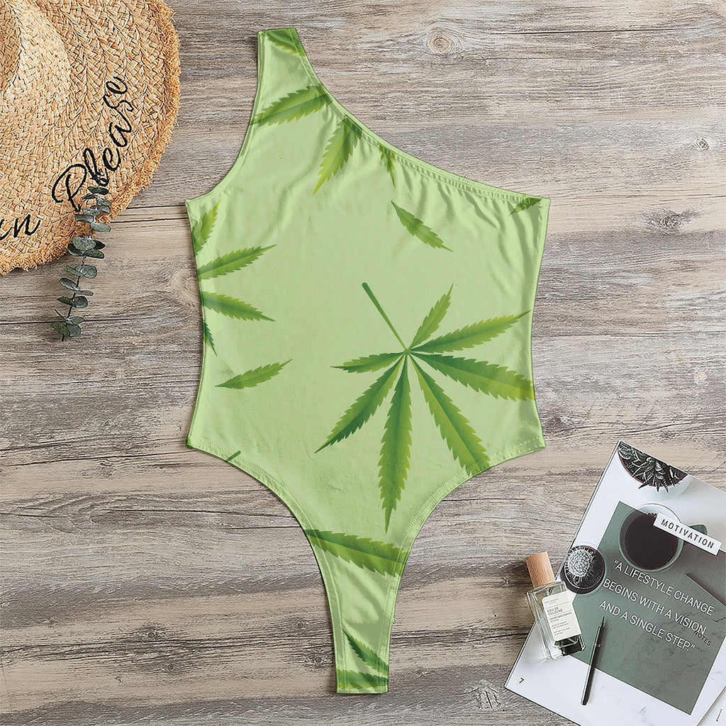 Green Hemp Leaves Pattern Print One Shoulder Bodysuit