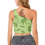 Green Hemp Leaves Pattern Print One Shoulder Crop Top