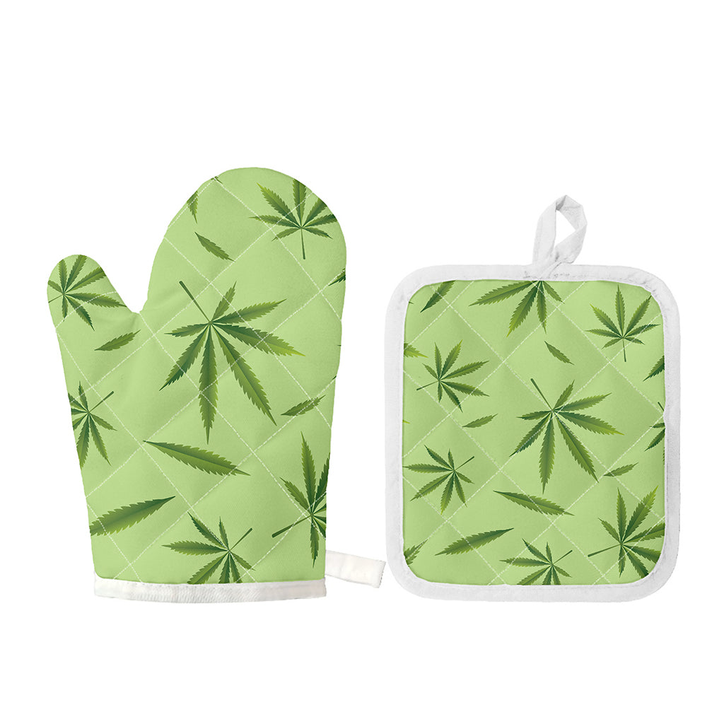 Green Hemp Leaves Pattern Print Oven Mitt And Pot Holder Set