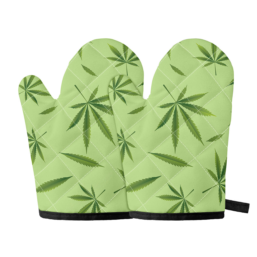 Green Hemp Leaves Pattern Print Oven Mitts