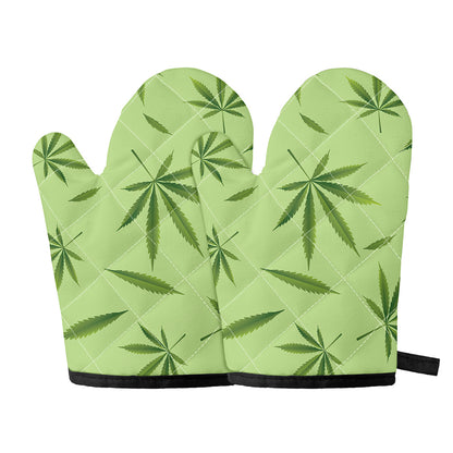 Green Hemp Leaves Pattern Print Oven Mitts